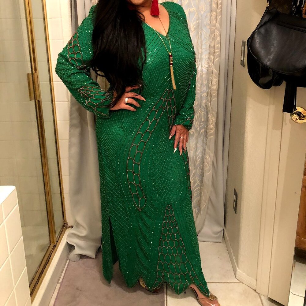 Vintage Beaded Green Sequin Gown Scalloped Full Length Size 12